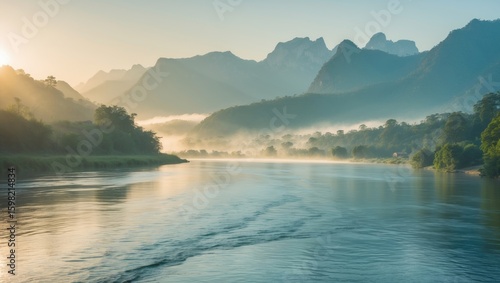A river flowing through a mountainous landscape at sunrise or sunset, with mist in the background and lush green trees along the riverbank.
