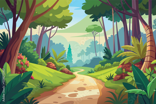 Lush forest path with verdant foliage and distant mountains