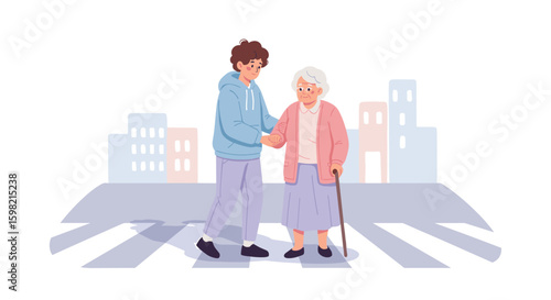 Helping elderly woman cross street at crosswalk
