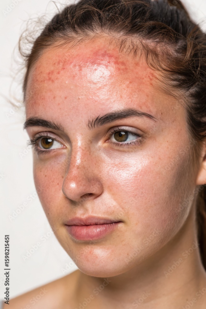 Obraz premium sun damage face, A woman with textured skin and a serious expression gazes directly at the camera, showcasing natural beauty and imperfections.