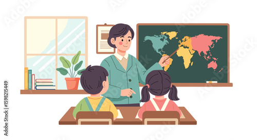 Teacher Teaching Students About World Map In Classroom