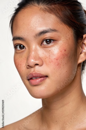 sun damage face, A close-up portrait of a woman with unique skin textures and a natural beauty, showcasing confidence and individuality.