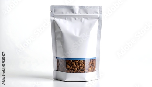 White standup pouch with resealable zipper filled with small brown roasted nuts clear window panel showcasing product isolated on white background studio shot packaging mockup