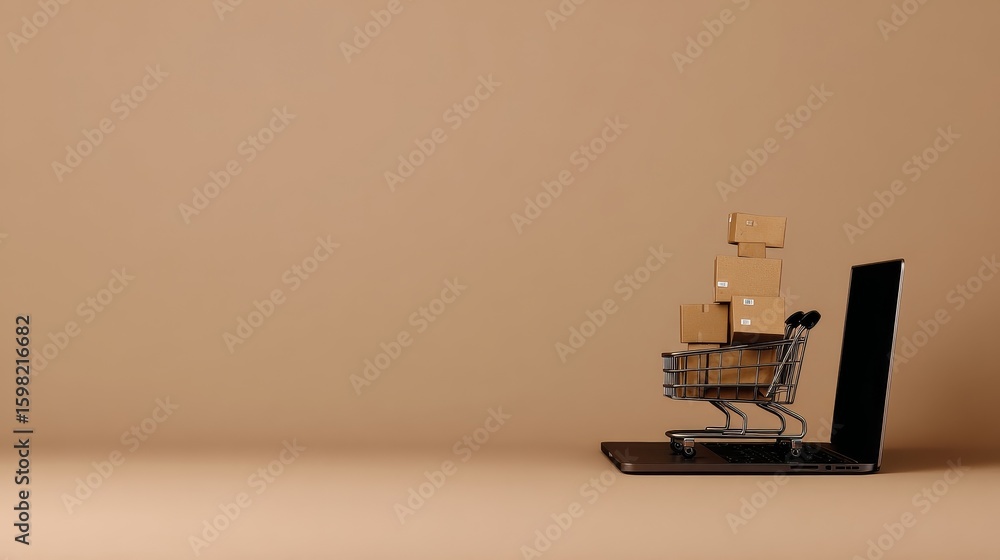 Fototapeta premium Shopping Cart Loaded with Boxes on Laptop, Minimalist Design, Indoor Environment, Focused Viewpoint