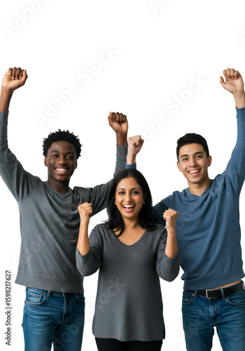 Photo of Diverse Team Celebrating Success with Raised Arms on Transparent Background