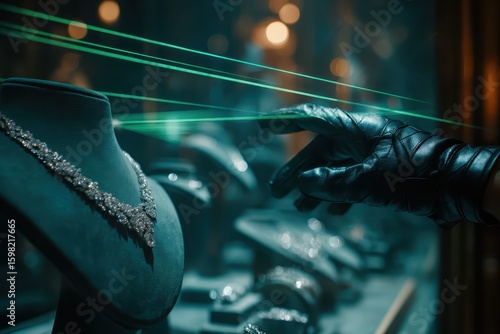 Stealing jewels. Jeweler is alarmed by lasers at storefront. Security concept