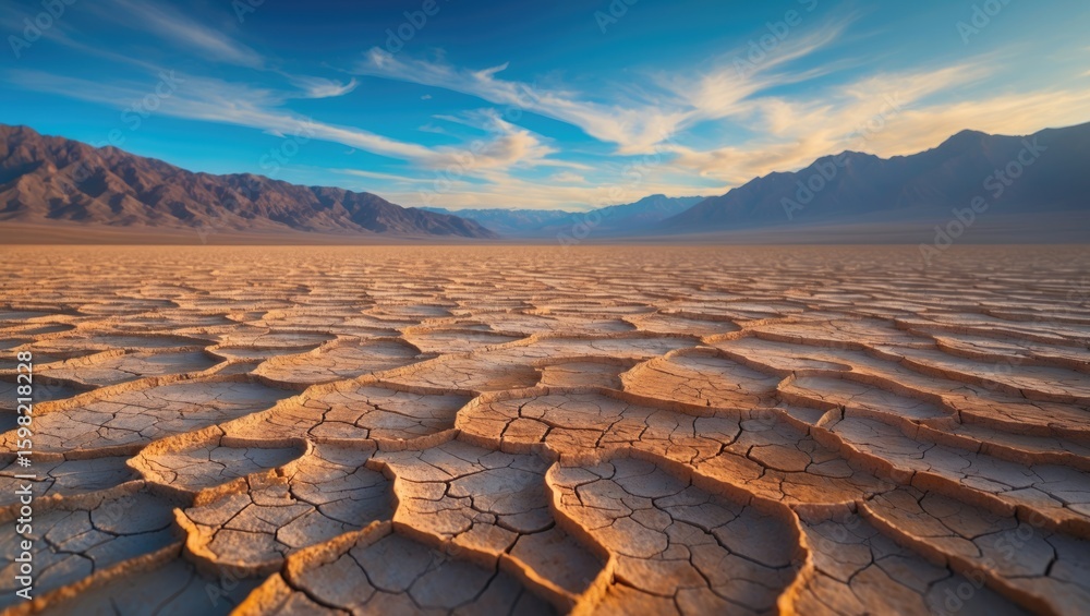 Fototapeta premium Dry desert landscape with cracked earth, mountains in the background, and a blue sky with clouds.