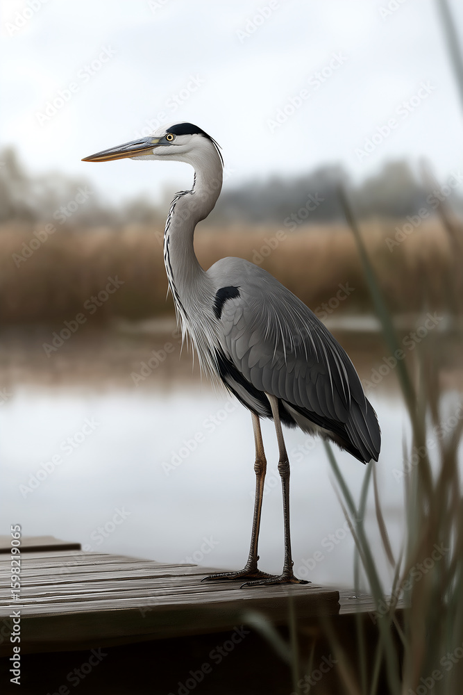 Naklejka premium Heron standing gracefully in nature with feathers and wetland backdrop