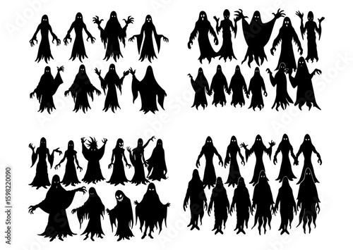 Set of black spooky ghost silhouettes.