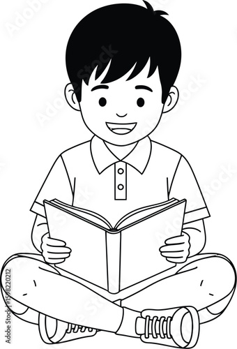 Vector art of a young boy is sitting crosslegged and happily reading a book expanding his knowledge