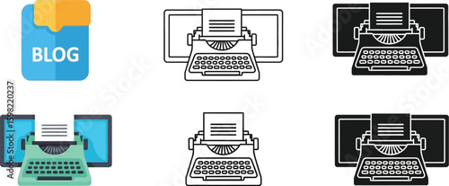 Blogging illustration concept with typewriter and screen for online content seo