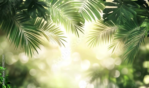 Bright sunlight penetrating verdant tropical foliage, generating soft bokeh amid rich green jungle landscape