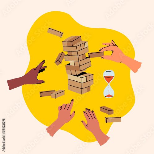 Creative board game hobbies. Human arms actively playing a tabletop game. Game elements like dice, cards, and pawns. Fun social activity. Vector illustration