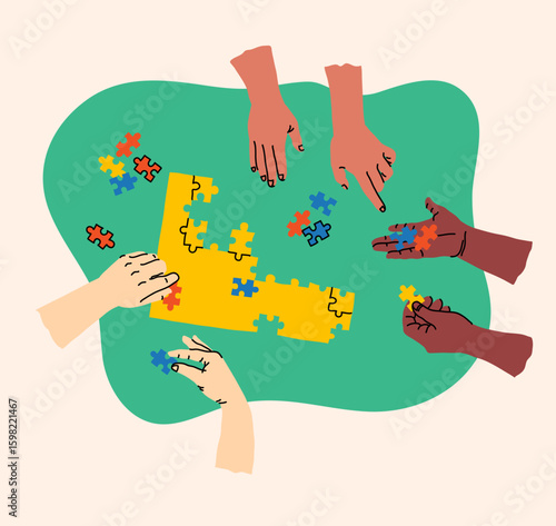 Creative board game hobbies. Human arms actively playing a tabletop game. Game elements like dice, cards, and pawns. Fun social activity. Vector illustration