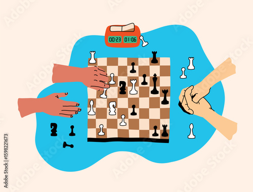 Creative board game hobbies. Human arms actively playing a tabletop game. Game elements like dice, cards, and pawns. Fun social activity. Vector illustration