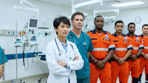 Medical team standing together in hospital hallway