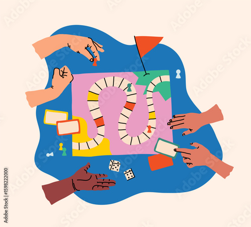 Creative board game hobbies. Human arms actively playing a tabletop game. Game elements like dice, cards, and pawns. Fun social activity. Vector illustration