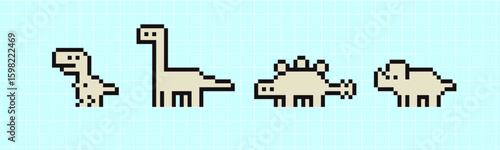 Pixels Y2k funny playful cute dinosaurs icon stickers 8-bit retro style vector illustration for social media. Set of pixel art. Emoji pixelated icons.