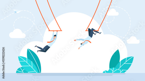Businessman trapeze perform jumping and catch by partner. Partnership and support to success in work. Trust, collaborate or cooperate teamwork. Business risk taking and challenges. Vector illustration