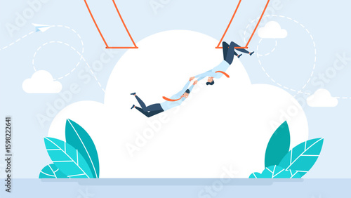 Businessman trapeze perform jump and catch by partner. Partnership and support to success in work. Trust, collaborate or cooperate teamwork. Business risk taking and challenges. Vector illustration