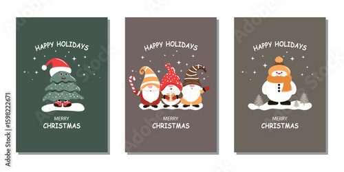 Set of winter greeting cards. A trendy minimalist design with funny Christmas gnomes, a snowman, and a Christmas tree. A vector template for a poster, banner, or holiday cover.