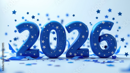 On a blue background there are blue numbers 2026 with confetti and stars