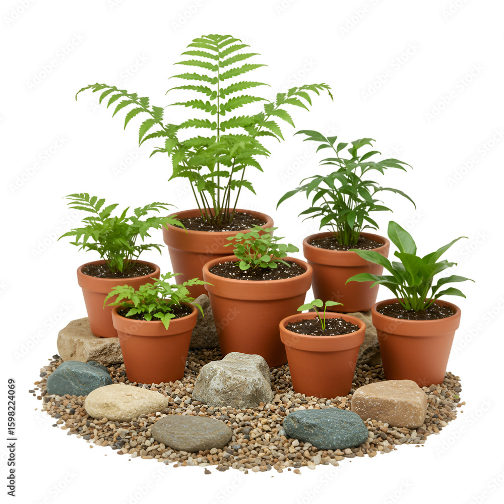 Obraz premium Isolated Potted Ferns and Plants on Rocks with Transparent Background