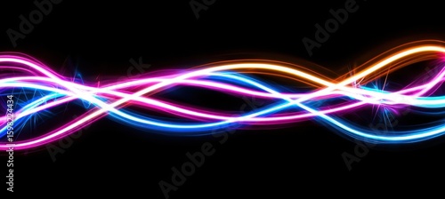 Colorful Light Waves on Black Background with Sparkles and Glow Effects