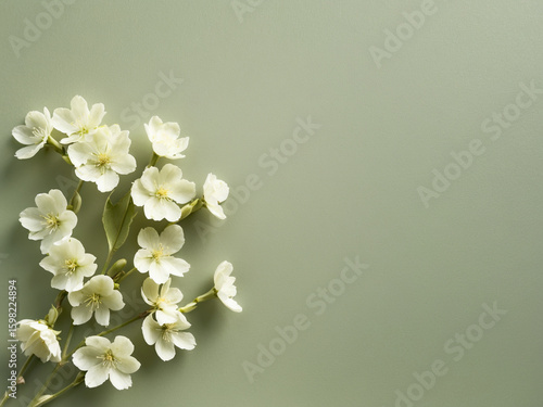 Minimalist flat lay of white flowers on a sage green background. Simple, clean, and elegant template with empty copy space.