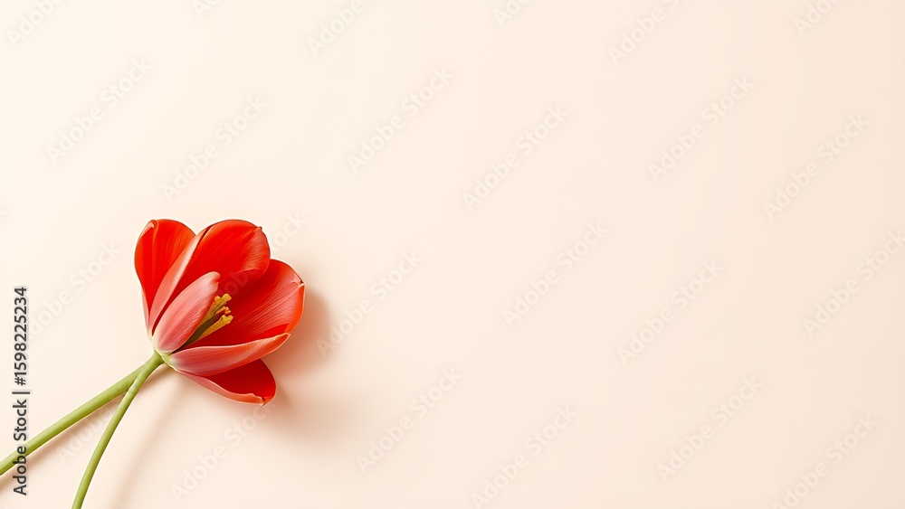 Fototapeta premium Single red tulip lying on a beige textured surface in a top-down flat lay composition with soft shadows.