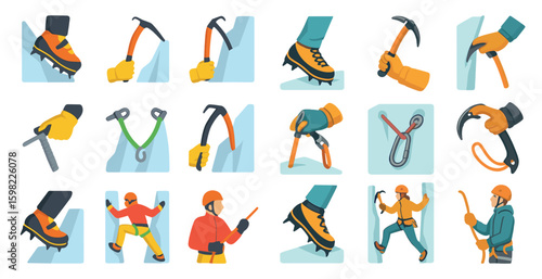 Climbing and mountaineering icons set – flat, silhouette, adventure and sport symbols