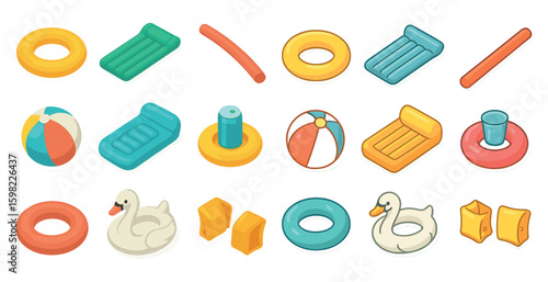 Pool and beach isometric icons set – summer, swim, vacation essentials