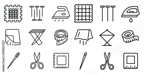 Sewing and tailoring outline icons set – linear, thread, craft and design tools