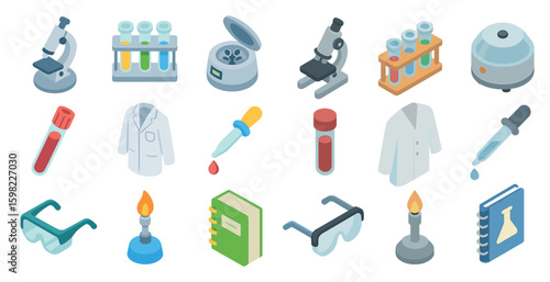 Laboratory equipment icons set – isometric, lab gear, scientific tool symbols
