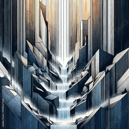 Geometric waterfall illustration, abstract art, vertical lines, blue and orange tones