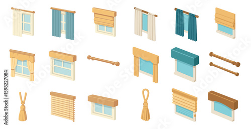 Curtains and blinds isometric icons set – window, decor, shading essentials