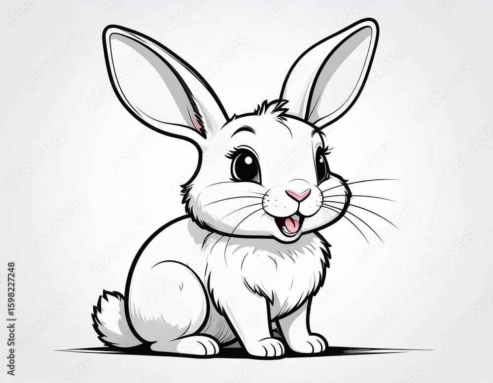 Fototapeta premium A cute cartoon white rabbit character with big ears and a happy smile. Adorable bunny illustration, sitting isolated on a light background.