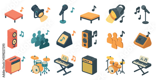 Music and audio isometric icons set – instruments, sound, entertainment symbols