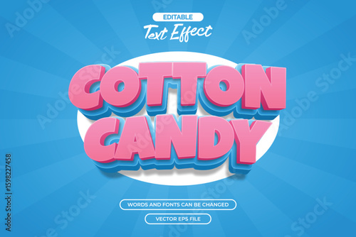 Cotton candy editable text effect with 3d cartoon text style and with blue comic background