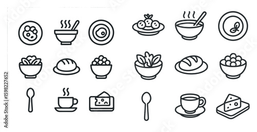 Food and dining outline icons set – linear, culinary, kitchen utensil symbols