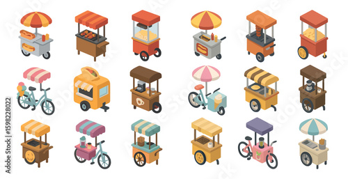 Street food isometric icons set – mobile, culinary, vendor symbols
