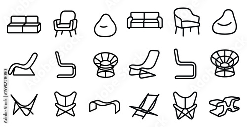 Furniture line icons set – outline, linear, seating and interior design symbols