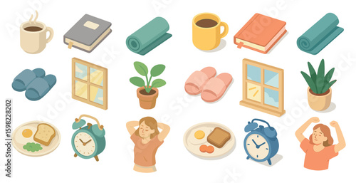 Home and relaxation isometric icons set – flat, cozy, lifestyle symbols