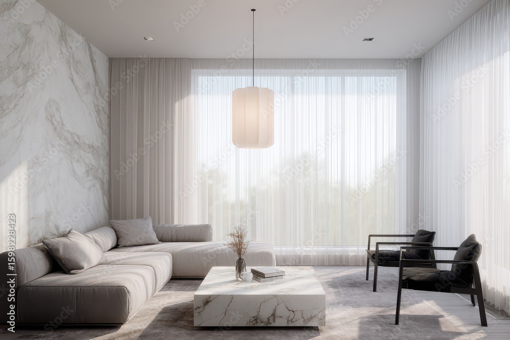 Fototapeta premium Living room interior design with white marble wall, lighting & landscape background