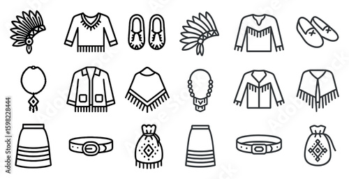 Native american culture icons set - outline, linear, tribal and heritage symbols