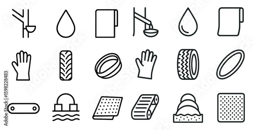 Rubber and tire outline icons set – linear, silhouette, materials and industrial symbols