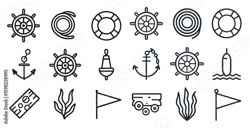 Nautical adventure icons set – outline, maritime, sea voyage symbols