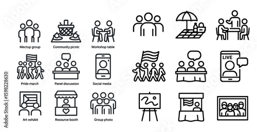 Events and community outline icons set – group, social, activities symbols