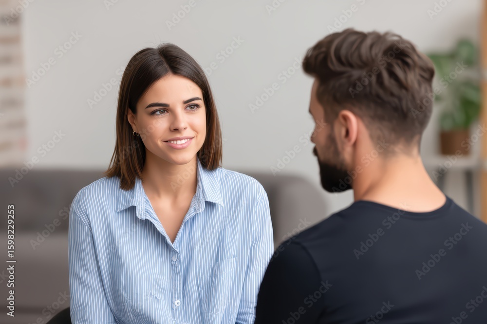 Smiling woman in blue shirt talking to man at home setting Smiling woman in blue shirt talking to man at home setting