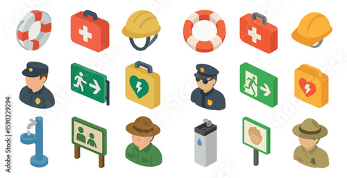 Emergency services isometric icons set – safety, rescue, crisis management visuals